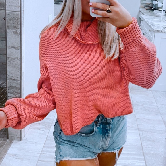 pink ribbed turtle neck chunky sweater